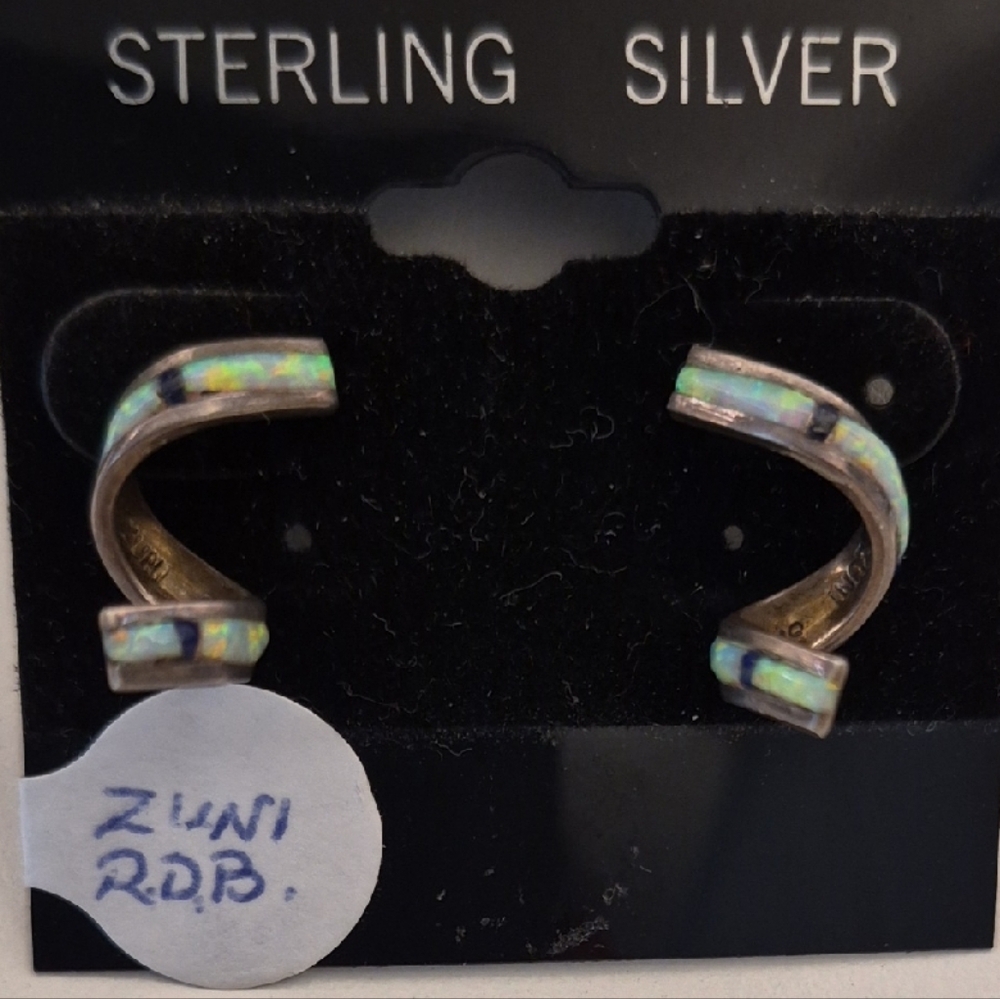 Zuni Tribe Opal Spiral Earrings Sterling Silver Signed RDB